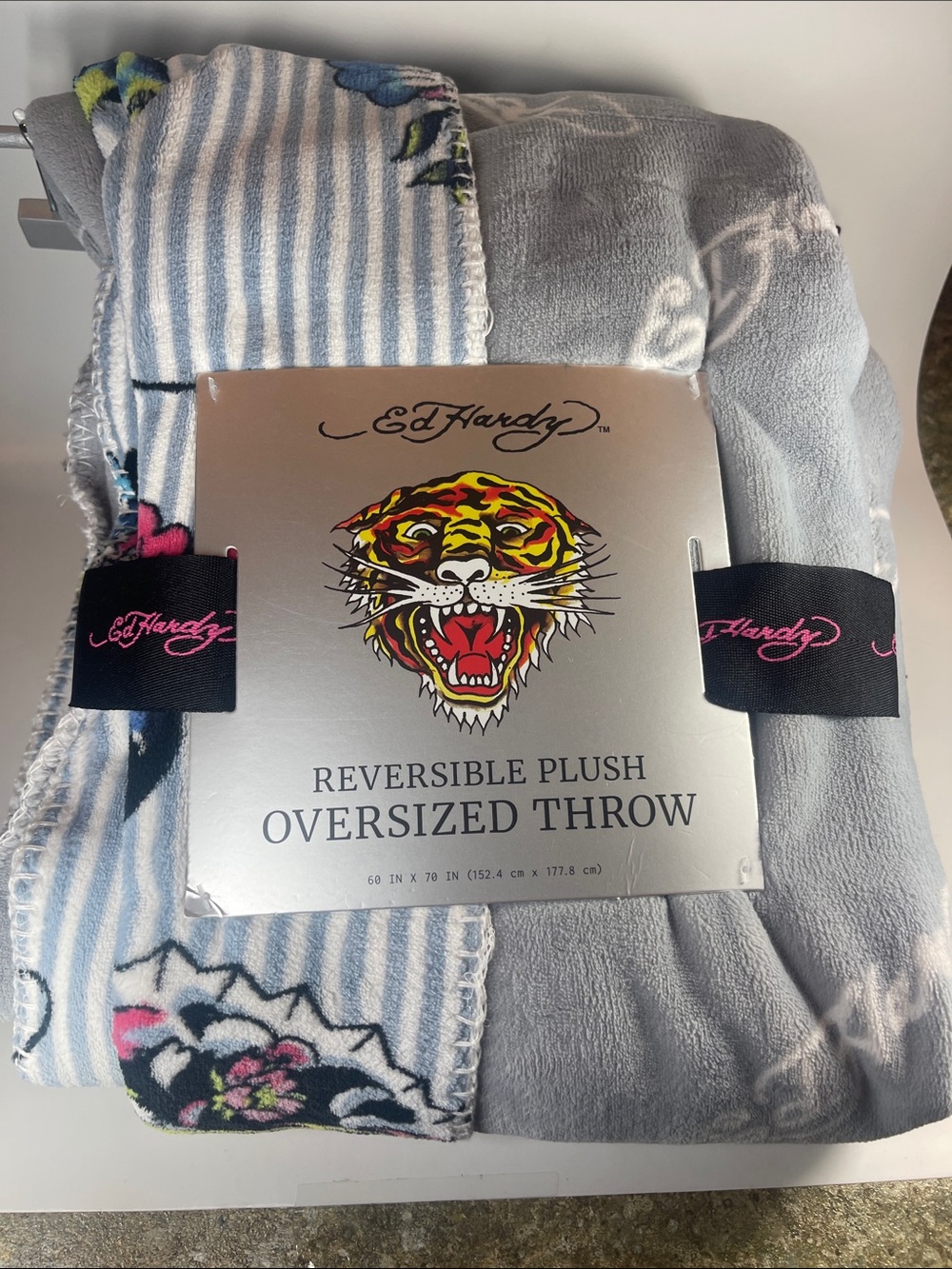 Ed Hardy Reversible Plush Oversized Throw Blanket 60x70 Tattoo Y2K NWT
